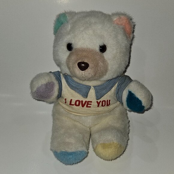 VTG Flomo Kids White Teddy Bear Plush I Love You Shirt Blue Purple Pink Yellow